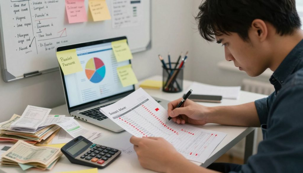 A cluttered desk littered with budgeting tools, including tangled receipts, old bills, and a calculator, illustrates the theme of common budgeting mistakes. In the foreground, a frustrated individual in smart casual attire, with a furrowed brow, examines a spreadsheet filled with red flags symbolizing overspending. The middle ground features a laptop displaying a chaotic pie chart and numerous sticky notes with reminders about missed payments. In the background, a faded whiteboard contains scribbled ideas and failed budgeting strategies. The lighting is soft and ambient, creating a slightly tense atmosphere to emphasize the difficulties faced by beginners. Use a shallow depth of field to focus on the clutter, conveying a sense of confusion and urgency in this financial setting.