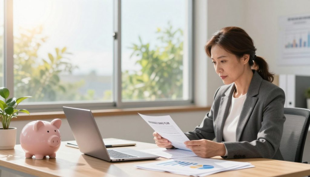 A detailed illustration of a retirement savings plan, depicting a serene office environment. In the foreground, a professional, middle-aged woman in business attire is reviewing financial documents on her desk, surrounded by a laptop, charts, and a piggy bank symbolizing savings. The middle layer features a large window displaying a bright, sunny day outside, with greenery visible in the background, representing growth and potential. Soft sunlight filters in, casting a warm glow on the scene, enhancing the feeling of optimism about the future. The composition should be calm and inviting, with a focus on financial security and proactive planning, using a wide-angle perspective to capture the entire setting effectively.