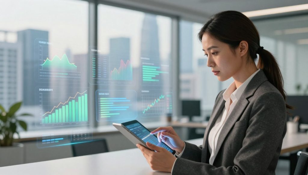 A detailed illustration of market risk management in personal finance. In the foreground, a professional woman in business attire is analyzing financial charts on a digital tablet, her focused expression conveying determination. In the middle ground, transparent graphs and data visualizations float around her, symbolizing various market risks like volatility, credit risk, and interest rate risk. The background features a modern office setting with large windows overlooking a bustling city skyline, bathed in warm, natural light. The atmosphere is one of concentration and diligence, with a subtle, confident color palette of blues and greens representing stability. The lens captures a slightly elevated angle, emphasizing both the subject and the dynamic financial environment around her.