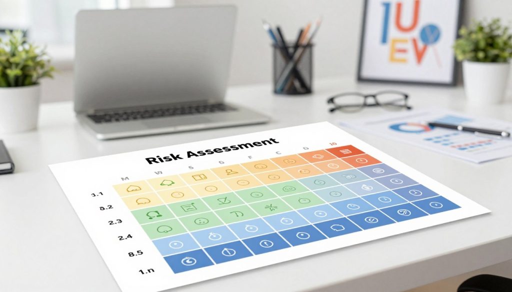 A detailed risk assessment matrix displayed in a modern office setting, emphasizing clarity and organization. In the foreground, the matrix features a grid layout with varying risk levels color-coded from low to high, each cell containing icons representing different risk factors. The middle ground showcases a stylish, minimalist desk with a laptop and financial documents, hinting at a professional environment. In the background, soft-focus office elements like plants and motivational artwork can be seen, creating a productive atmosphere. Use bright, natural lighting to enhance visibility and invoke a sense of positivity. The angle should capture the matrix head-on, creating a professional and polished look ideal for a business article.