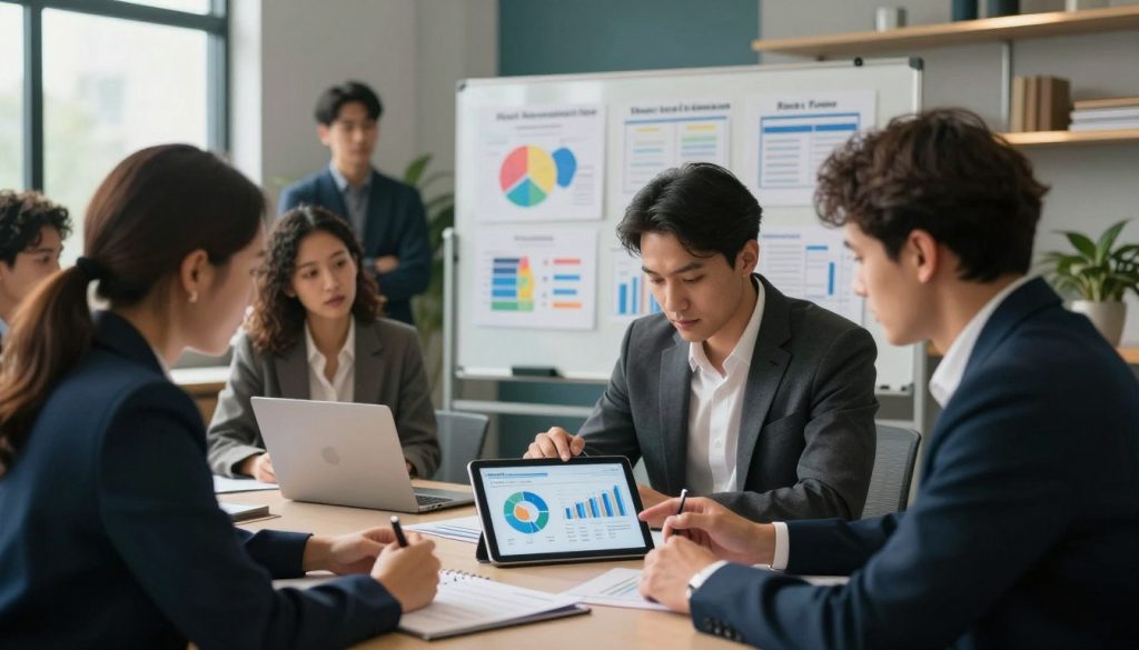 A diverse group of professionals engaged in a collaborative risk assessment workshop. In the foreground, two individuals—one male and one female—are analyzing data on a digital tablet, dressed in smart business attire. In the middle ground, a large whiteboard filled with colorful charts, graphs, and diagrams illustrating various risk assessment techniques. Behind them, a cozy modern conference room with soft, natural lighting filtering through large windows, casting gentle shadows. The atmosphere is focused and dynamic, showcasing teamwork and strategic discussion. The overall color palette features calming blues and greens to evoke a sense of stability and professionalism.