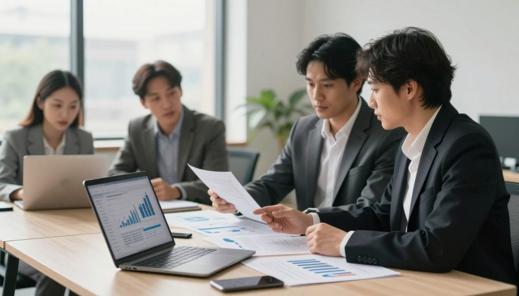 A focused and well-lit office space with a modern desk on the foreground, featuring a laptop displaying financial graphs and documents. In the middle ground, a diverse group of three professionals, two men and one woman, dressed in professional business attire, are engaged in discussion, analyzing financial reports and charts spread across the table. The background shows a large window with natural light streaming in, casting soft shadows and creating a calm atmosphere. The overall mood conveys collaboration and diligence, emphasizing the importance of assessing one's financial situation for retirement planning. Use a realistic lens effect to enhance depth, ensuring the scene feels immersive and enlightening.
