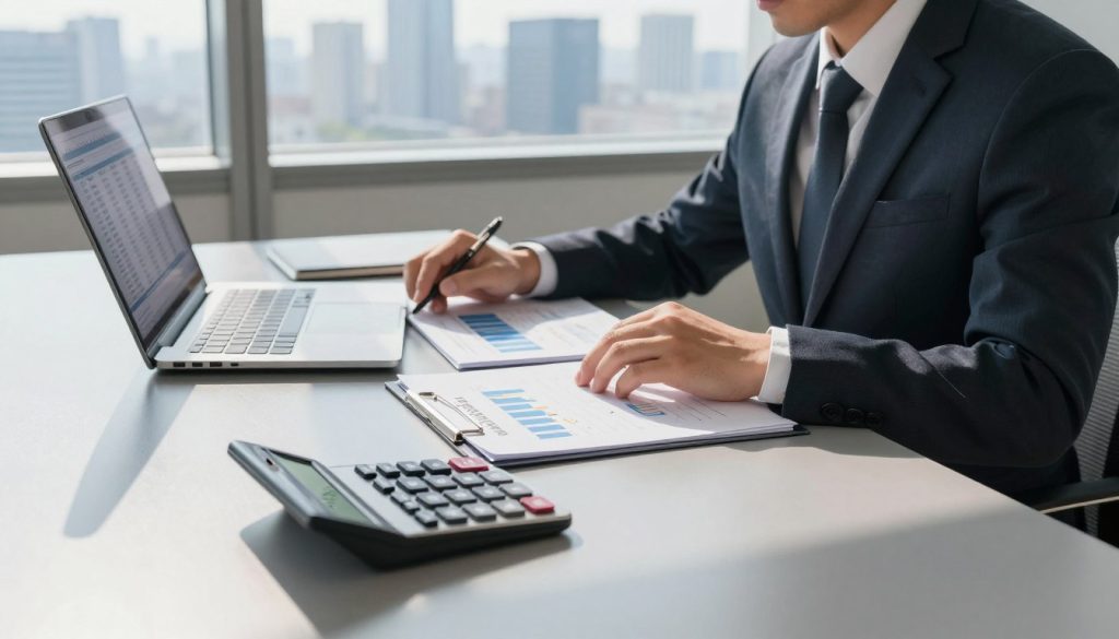 A focused individual in business attire sits at a sleek, modern desk, surrounded by financial documents, a laptop displaying spreadsheets, and a calculator. In the foreground, the calculator's screen shows numerical figures related to net worth. In the middle, open folders reveal graphs and charts illustrating savings and investments. The background features a large window with a city skyline, casting natural light that creates a professional atmosphere. Soft shadows fall across the desk, enhancing a sense of concentration and productivity. The overall mood is one of determination and clarity, reflecting the importance of assessing one's financial situation for building retirement savings.