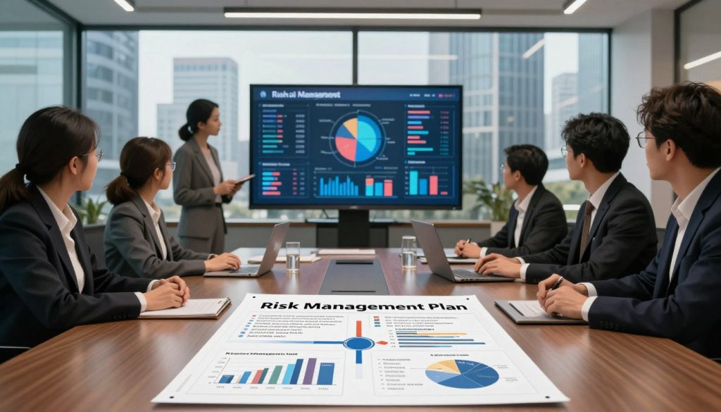 A futuristic office environment showcasing a detailed Risk Management Plan on a sleek conference table. In the foreground, a well-organized document with graphs and charts illustrating different risk management strategies, surrounded by professional business attire individuals engaged in discussion. The middle layer features a large screen displaying analytical data relevant to various business sectors, symbolizing the specialized approaches in risk management. The background reveals modern skyscrapers through a glass wall, emphasizing a corporate atmosphere. Soft, warm lighting enhances the professional mood, while a wide-angle lens captures the dynamic interplay of human engagement and digital elements, inviting viewers to explore the crucial aspects of risk management.