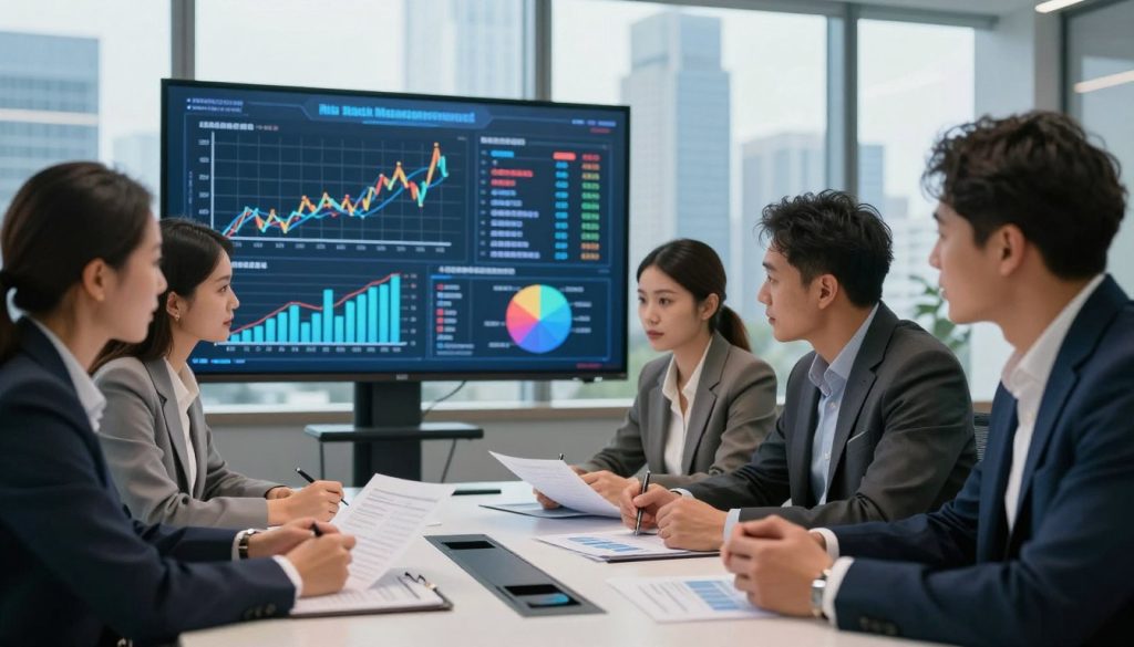 A modern office environment depicting a professional team engaged in risk management strategies. In the foreground, a diverse group of four professionals, dressed in business attire, is gathered around a sleek conference table, analyzing financial charts and documents. The middle ground shows a large digital screen displaying graphs, risk matrices, and key performance indicators, symbolizing effective planning. The background features a panoramic view of a bustling city skyline through large windows, suggesting a dynamic business atmosphere. Soft, warm lighting highlights the faces of the team, creating a focused yet collaborative mood, with shallow depth of field to emphasize the professionals’ expressions of concentration and engagement.