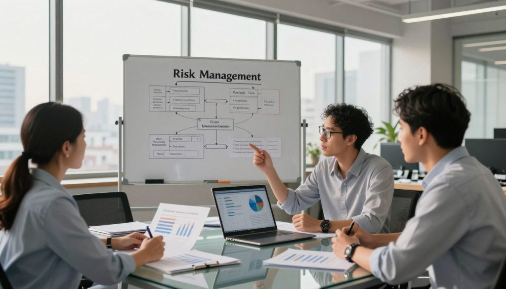A modern office setting illustrating financial risk management strategies. In the foreground, a diverse group of three professionals—two men and one woman—are engaged in a discussion around a transparent glass table with charts and graphs displayed on a laptop. The middle layer shows a whiteboard filled with flowcharts and diagrams depicting risk management techniques, such as risk assessment and portfolio diversification. In the background, large windows reveal a cityscape under soft, natural lighting, casting a warm glow throughout the room. The atmosphere is collaborative and focused, capturing a sense of determination and strategic thinking. Use a wide-angle lens to encapsulate the entire scene, emphasizing the dynamic interaction and supportive environment of the workplace.