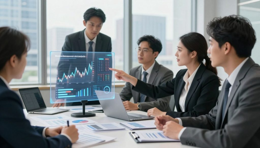 A modern office setting reflecting financial risk management strategies, featuring a diverse group of three professionals in formal business attire discussing strategies. In the foreground, a confident female financial analyst points at a transparent digital display showing graphs and charts depicting risk management metrics. The middle ground includes a round table cluttered with financial reports and laptops. In the background, a large window reveals a bustling city skyline under soft natural lighting, hinting at a bright future in finance. The mood is professional and collaborative, with an emphasis on teamwork and strategic planning. The scene should have an optimistic atmosphere, focused on innovation in financial management.