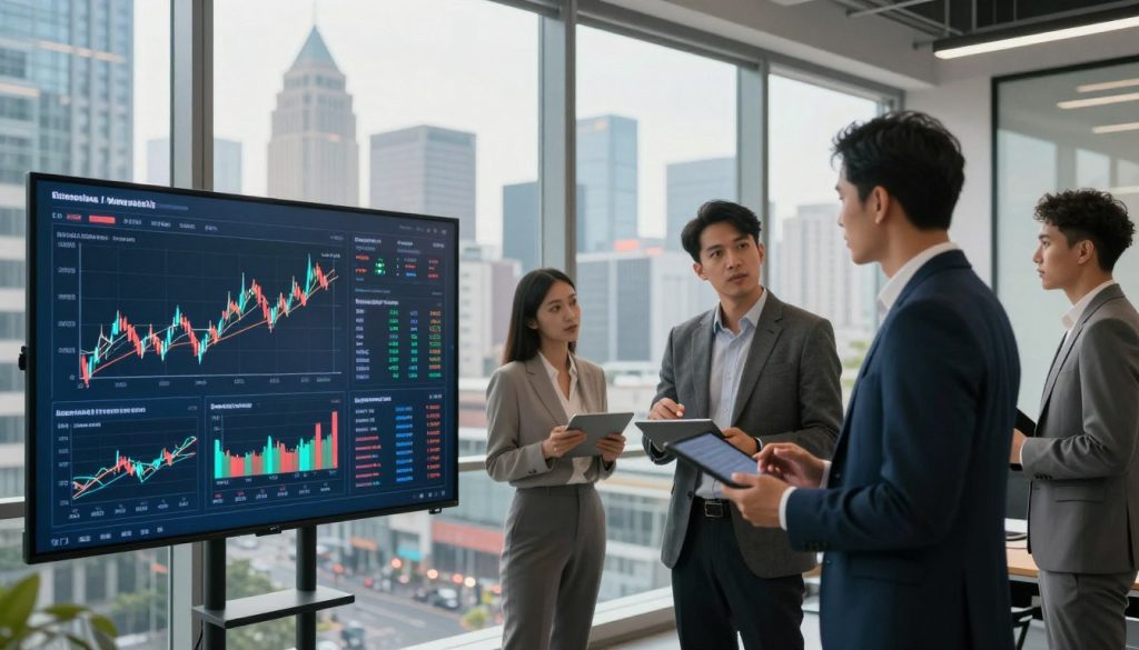 A modern office space illustrating financial risk management, showcasing a diverse group of professionals in business attire engaged in discussion. The foreground features a large, interactive digital screen displaying complex financial graphs, risk assessments, and market trends. In the middle ground, a man and a woman analyze data on tablets, looking focused and collaborative. The background reveals a panoramic city view through floor-to-ceiling windows, suggesting a dynamic financial environment with skyscrapers and bustling streets. Soft, natural daylight filters through the glass, casting a warm glow that enhances the professional atmosphere. The overall mood is one of diligence, teamwork, and strategic planning, emphasizing the importance of managing financial risk effectively in a thriving business context.