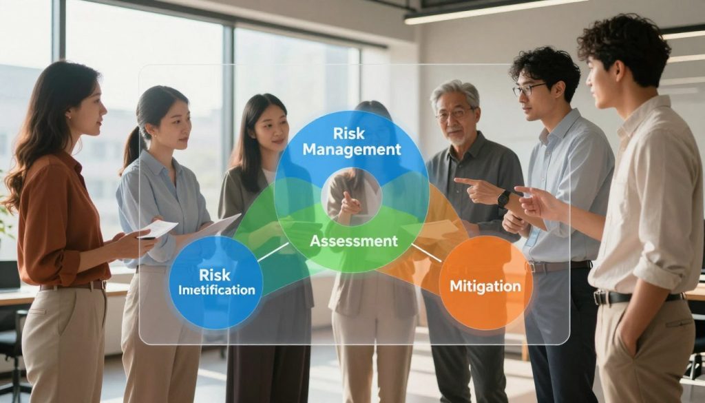 A modern risk management framework illustration, showcasing a multi-layered diagram. In the foreground, a sleek, semi-transparent chart displaying various risk management components like identification, assessment, and mitigation, using vibrant colors like blue, green, and orange. In the middle ground, business professionals in smart casual attire are collaborating over the chart, pointing and discussing strategies, emphasizing teamwork and collaboration. The background features an office setting with large windows allowing natural light, casting soft shadows. The atmosphere is focused and professional, promoting a sense of clarity and organization, with a warm and inviting color palette. Use a wide-angle lens perspective to capture the entire scene effectively, maintaining a balance between diagram clarity and human interaction.