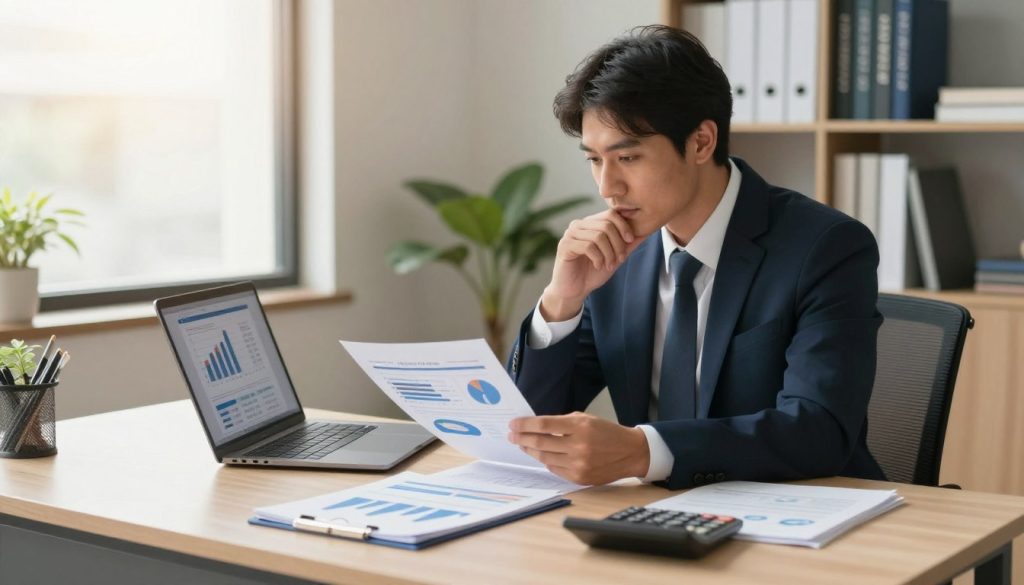 A professional financial advisor in business attire sits at a modern desk, analyzing graphs and charts on a laptop screen. In the foreground, organized financial documents and a calculator are neatly arranged, symbolizing careful debt management. The middle ground features the advisor focused on the laptop, with a thoughtful expression, as light from a nearby window casts a warm glow across the room. The background reveals a minimalist office space with a potted plant and a bookshelf filled with financial literature, creating a calm and organized atmosphere. The lighting is soft and inviting, suggesting a hopeful approach to eliminating debt. The image conveys professionalism, diligence, and a sense of control over financial planning, aligning perfectly with the theme of managing and eliminating debt.