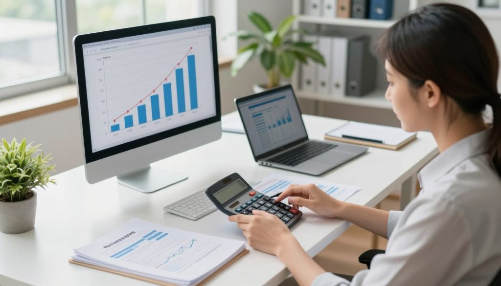 A professional financial advisor sitting at a modern desk covered in neatly organized documents and a sleek laptop, calculating retirement savings. The foreground features a close-up of hands holding a calculator, illustrating a thoughtful expression. In the middle, a large screen displays a graph showing growth in savings, while a plant adds a touch of life to the workspace. The background reveals a bright, airy office environment with large windows letting in natural light, casting soft shadows. A casual yet professional atmosphere is emphasized, with light hues creating a calm mood. The overall composition captures the essence of optimization and planning for retirement. The scene is shot from a slightly elevated angle to provide a comprehensive view of the workspace dynamics.