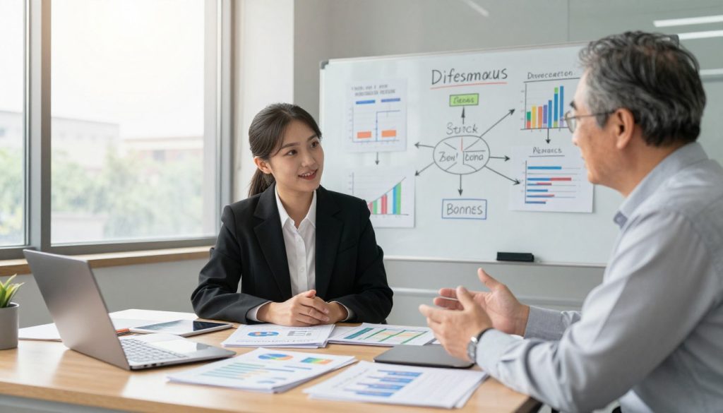 A professional, modern office setting is depicted, focusing on a wooden desk filled with investment brochures, charts, and a laptop displaying stock market trends. In the foreground, a confident young professional, dressed in smart business attire, is engaging with an older mentor, who is sharing insights about basic investment strategies. The middle ground features a large whiteboard filled with colorful graphs and flowcharts illustrating concepts like stocks, bonds, and diversification. The background shows tall windows with natural sunlight streaming in, creating a warm and inviting atmosphere. The overall mood is one of clarity and encouragement, aimed at beginners eager to learn about investing. The angle is slightly elevated, capturing the interaction and the contents on the desk effectively, without any text or distractions present.