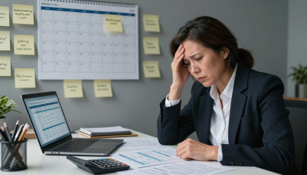 A reflective scene showcasing common retirement planning mistakes. In the foreground, a worried middle-aged self-employed individual, dressed in professional business attire, sits at a cluttered desk filled with financial documents, a calculator, and a laptop open to a retirement planning spreadsheet. The expression on their face conveys concern and confusion. In the middle ground, a wall filled with sticky notes, each highlighting mistakes such as “Underestimating healthcare costs” and “Ignoring tax implications.” In the background, a large calendar shows upcoming deadlines, with dim natural lighting illuminating the scene, creating a sense of urgency. The overall mood is contemplative and slightly anxious, emphasizing the challenges of effective retirement planning.