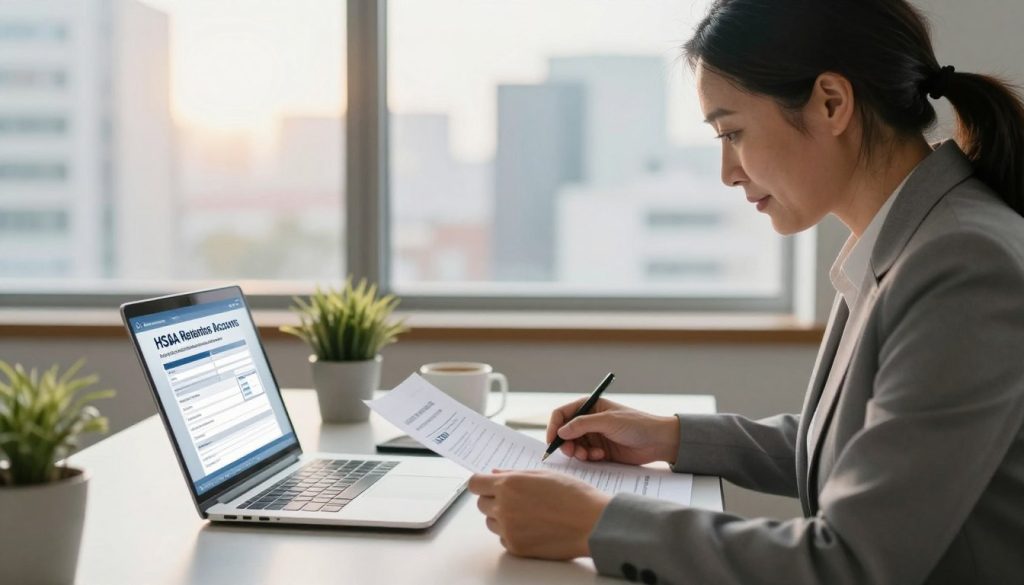 A serene office environment illustrating the concept of Health Savings Accounts (HSAs) as retirement tools. In the foreground, a professional individual in business attire, a middle-aged man or woman, is reviewing financial documents on a sleek desk, with a laptop open to an HSA planning tool. In the middle, there’s a small indoor plant and a coffee mug, emphasizing a calm workspace. In the background, light pours in through large windows, casting a warm glow, with a cityscape visible, symbolizing self-employment and urban life. Soft focus on the background to enhance the subject. The atmosphere is focused and optimistic, conveying the potential of HSAs in retirement planning. Use natural lighting, shot at a 45-degree angle to highlight the subject's thoughtful engagement.