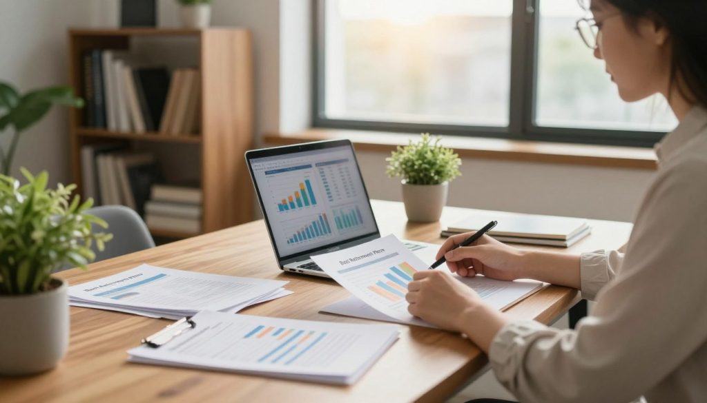 A serene office space designed for self-employed individuals, featuring a wooden desk cluttered with financial documents, a laptop showing retirement graphs, and a few green plants for a touch of nature. In the foreground, a person in smart casual attire, analyzing a colorful chart labeled 'Best Retirement Plans.' In the middle ground, a bookshelf filled with financial and investment books, adding a sense of depth. The background shows a large window letting in soft, warm sunlight, creating a calm and focused atmosphere. The lighting is bright yet soft, emphasizing clarity and professionalism. The angle is slightly angled from the side, capturing both the desk and the window, conveying a productive workspace ambiance ideal for self-employed individuals planning their retirement.