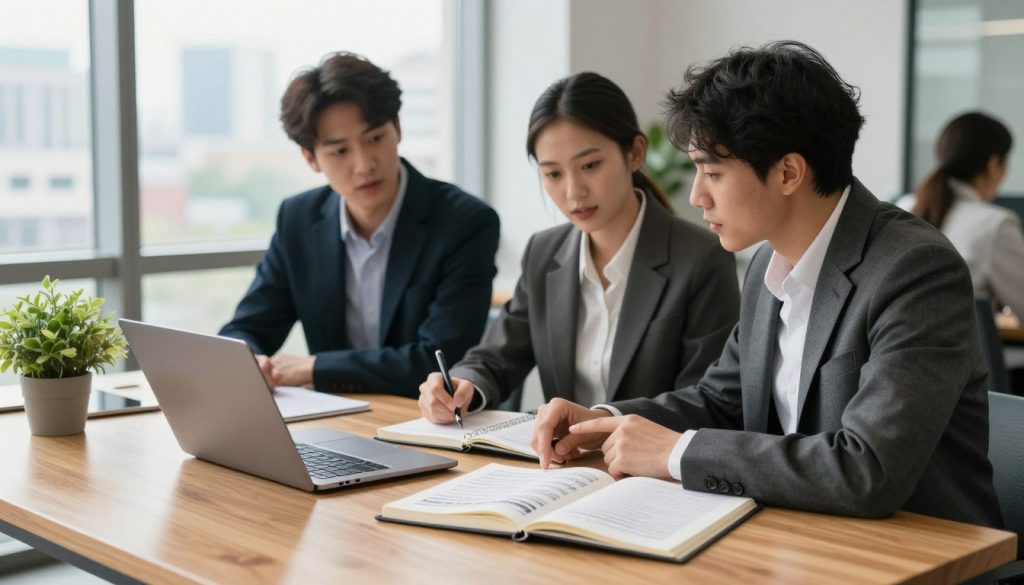 A serene office space filled with natural light. In the foreground, a stylish wooden desk displays an open notebook with a financial planning checklist and a sleek laptop. Beside the laptop, a potted plant adds a touch of greenery. In the middle ground, a diverse group of three young adults in professional business attire, attentively discussing their financial goals. They are engaged in conversation, with one person pointing at the notebook and another taking notes. In the background, a large window reveals a cityscape, symbolizing financial opportunities. The atmosphere is calm and focused, evoking a sense of determination and clarity. Soft lighting enhances the mood and highlights their expressions as they assess their current financial situation.