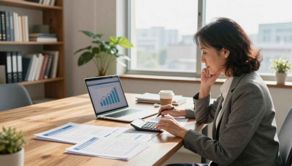 A serene office space with a large wooden desk holding financial documents, retirement account brochures, and a laptop displaying a graph showing positive savings growth. In the foreground, a middle-aged woman in professional business attire is thoughtfully reviewing her options, with a calculator and a cup of coffee beside her. The middle ground features a potted plant and a view of a window overlooking a sunny cityscape, symbolizing a bright future. In the background, shelves filled with books on finance and investments create an intellectual atmosphere. Soft, natural light spills in from the window, giving the scene a warm and encouraging mood, perfect for inspiring individuals to explore their retirement account options. The image captures focus with a slight depth of field, emphasizing the main subject at the desk.
