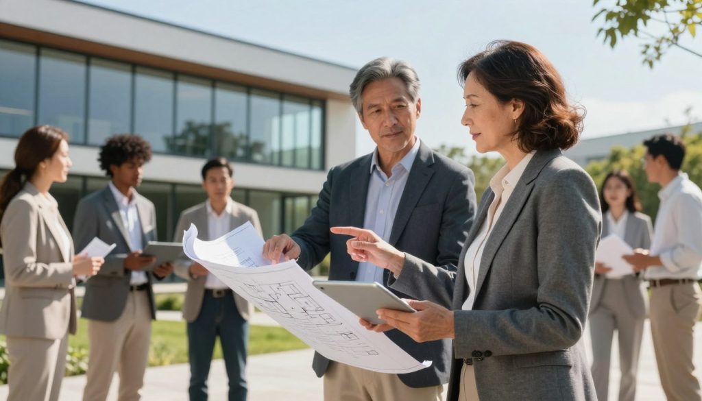 A serene outdoor scene featuring a diverse group of professionals discussing real estate investments. In the foreground, a mature woman in a tailored business suit holds a tablet, gesturing towards a modern blueprint. Beside her, a middle-aged man in smart casual attire points at a detailed property listing. In the middle ground, a sleek, contemporary building with large glass windows symbolizes lucrative real estate. The background showcases a clear blue sky and lush greenery, conveying a sense of growth and stability. Soft, natural sunlight highlights the scene, casting gentle shadows and creating a warm atmosphere. The image captures collaboration, professionalism, and the promise of wise investment in real estate for retirement.
