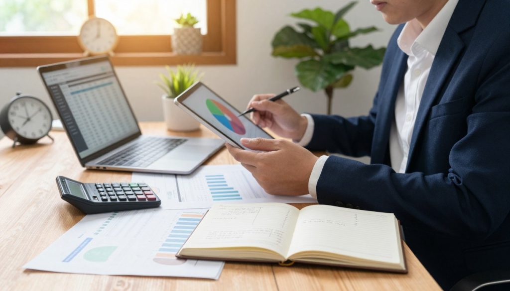 A serene, well-organized workspace depicting the concept of budgeting. In the foreground, a wooden desk is cluttered with neatly arranged financial documents, a calculator, and a laptop displaying budgeting software. An open notebook lies nearby, filled with handwritten budget plans. In the middle ground, a professional individual wearing smart business attire (a crisp shirt and blazer) is intently reviewing a colorful pie chart on a tablet, embodying focus and determination. In the background, soft natural light filters through a window, casting a warm glow over houseplants, enhancing a calm and productive atmosphere. Various decorative items, like a clock and a coffee mug, subtly signify a working environment. The overall mood should evoke diligence and clarity, symbolizing effective money management strategies.