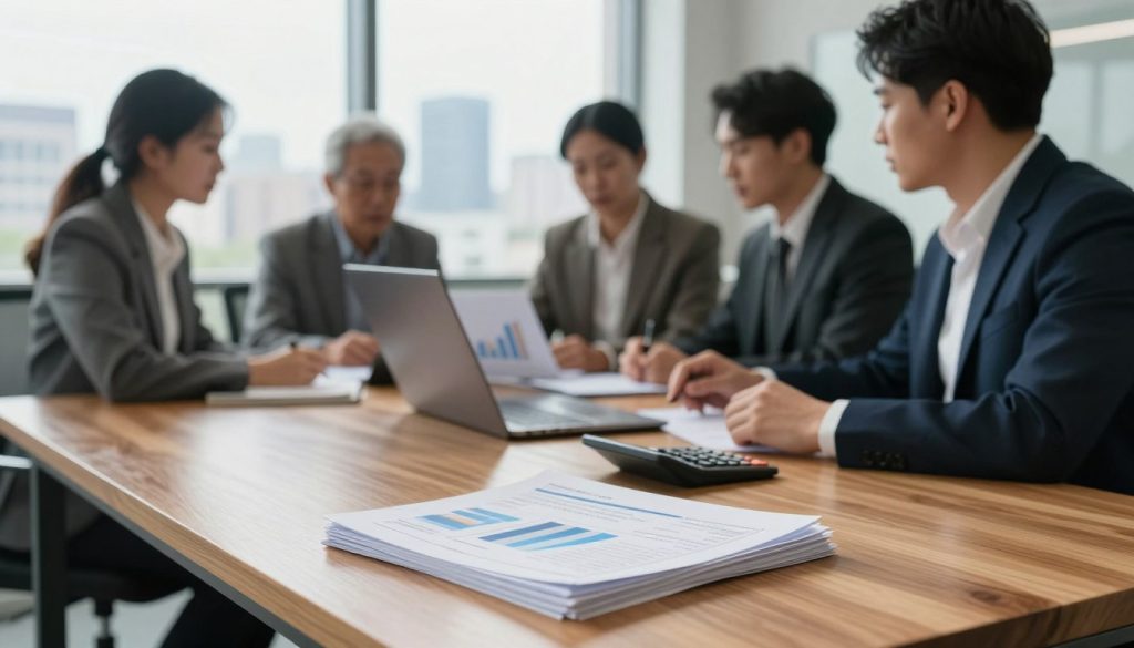 A tranquil, professional office setting showcasing fixed-income investments. In the foreground, a polished wooden desk with a stack of financial reports and a calculator, symbolizing careful planning. In the middle ground, a diverse group of investment professionals, dressed in business attire, engaged in discussion, analyzing charts on a laptop. The background features a large window with soft natural light pouring in, revealing a city skyline, creating a sense of stability and trust. The atmosphere should be one of calm focus, emphasizing reliability and steady returns, with a warm color palette to evoke security and confidence in retirement planning. Use a slight depth of field to draw attention to the desk and individuals while softly blurring the city behind them.