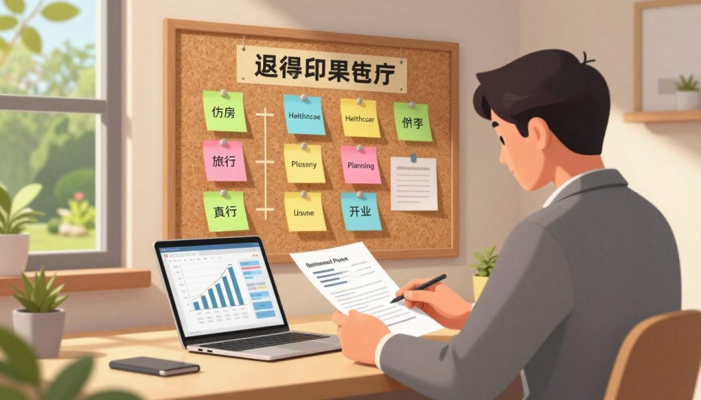 A visually engaging illustration depicting retirement planning expenses, set in a modern home office. In the foreground, a professional-looking individual, dressed in smart casual attire, thoughtfully reviews financial documents and a laptop displaying graphs and charts on retirement savings. The middle ground features a large corkboard pinned with colorful sticky notes categorizing different retirement expenses such as housing, healthcare, travel, and leisure. In the background, a window reveals a serene garden scene with lush greenery, suggesting a peaceful retirement lifestyle. The lighting is warm and inviting, casting soft shadows, creating a cozy atmosphere. The image captures a sense of focus and optimism about future financial security, emphasizing the importance of careful planning.