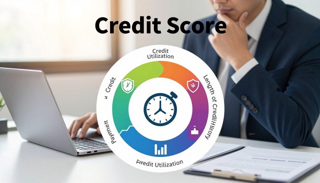 A visually engaging infographic illustrating the components of a credit score, with a focus on clarity and symbolism. In the foreground, a circular diagram labeled with key elements: "Payment History," "Credit Utilization," "Length of Credit History," and "New Credit," represented by distinct icons such as a clock, a shield, and bar graphs. The middle ground features a professional-looking individual in business attire, thoughtfully analyzing the diagram, while seated at a modern desk with a laptop. In the background, a soft-focus office setting, bathed in warm natural light, adds depth and context. The overall mood is educational and inspiring, aiming to emphasize the importance of understanding credit in personal finance.