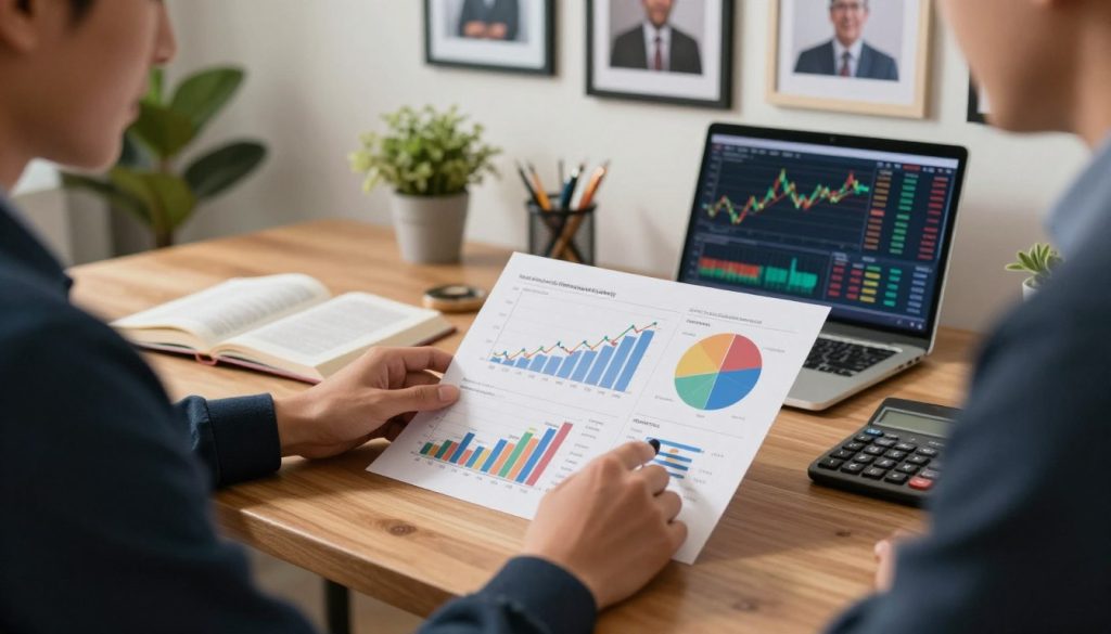 A well-organized workspace showcasing a sustainable investment strategy. In the foreground, a professional individual in business attire studies a detailed financial chart with vibrant graphs and pie charts representing various investment categories like stocks, bonds, and real estate. In the middle ground, a sleek wooden desk is adorned with open financial books, a calculator, and a laptop displaying market trends. The background features a motivational wall with framed images of successful investors and a potted plant for a touch of life. Soft, warm lighting illuminates the scene, creating an atmosphere of focus and ambition. The angle should emphasize the depth of the workspace, inviting viewers into the meticulous world of investment diversification.