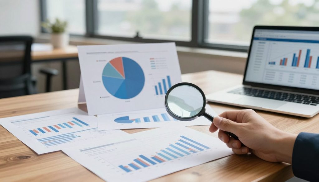 A well-organized workspace that conveys the theme of prudent investing, featuring a wooden desk cluttered with financial documents, graphs, and a laptop displaying investment options. In the foreground, a hand holds a magnifying glass, focusing on important charts. In the middle ground, an elegant pie chart and bar graphs are vividly displayed, illustrating different investment factors like risk, return, liquidity, and time horizon. The background shows a serene office environment with a large window letting in soft, natural light, casting gentle shadows that enhance focus. The overall mood is calm and analytical, emphasizing careful consideration and wisdom in investment decisions. The scene is designed to evoke professionalism and trust, with warm wood tones and cool blue accents. No human figures are present, ensuring a clean, distraction-free composition.